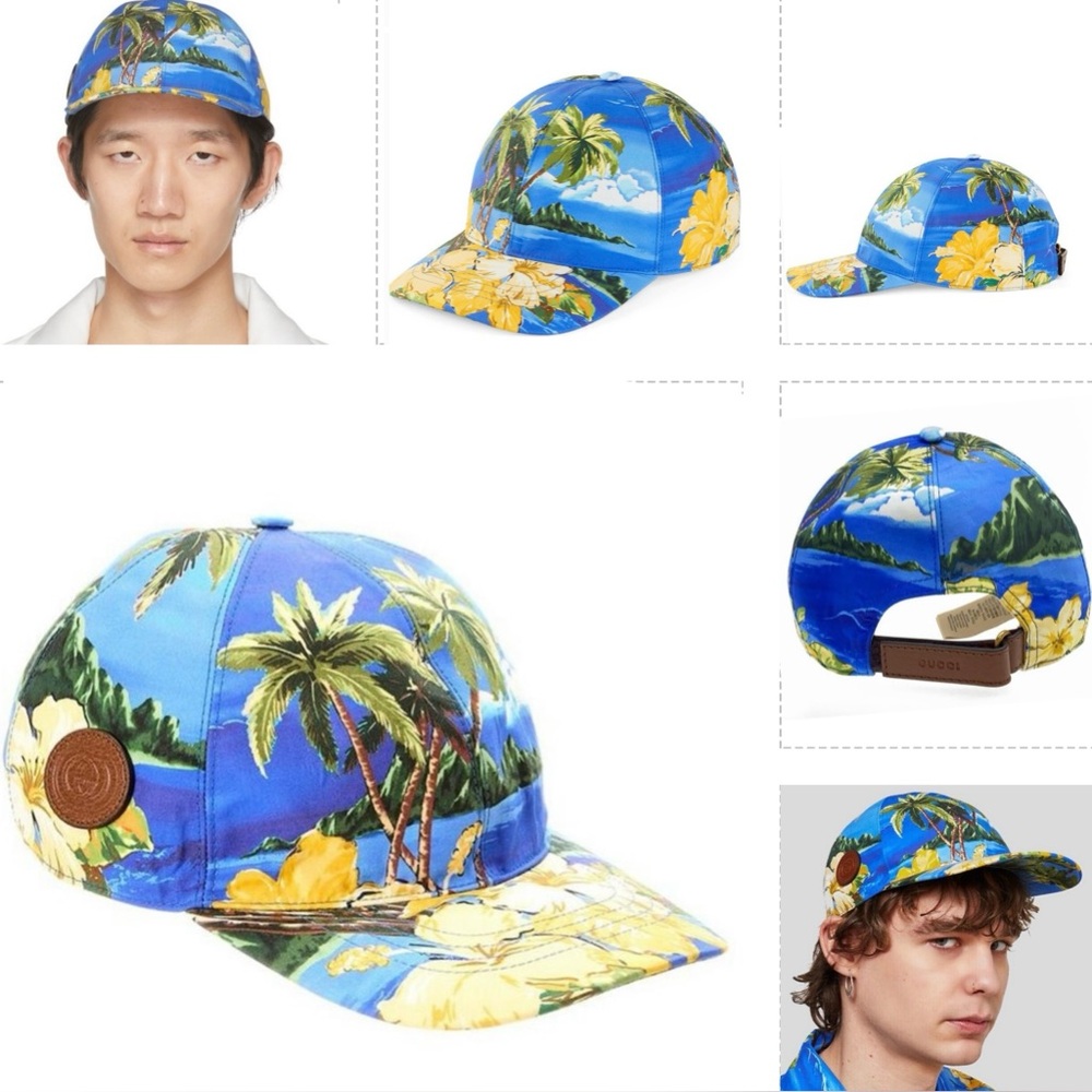GUCCI TROPICAL FUN SUMMER BASEBALL CAP, COTTON WITH ADJUSTABLE LEATHER CLOSURE - Picture 9 of 14